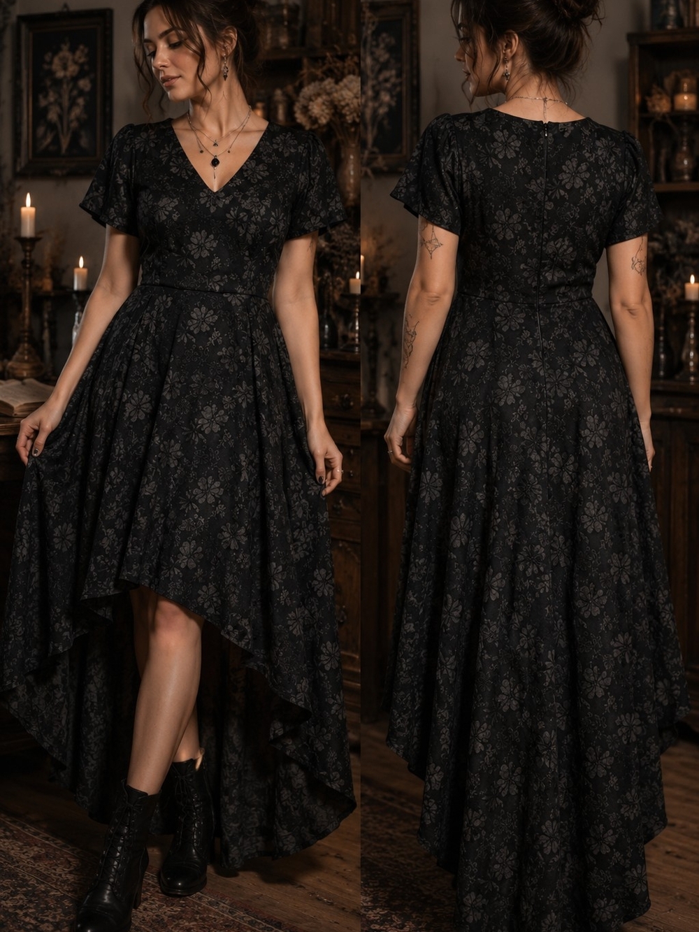 Black Floral Jacquard High Low Dress Gothic Romantic Whimsigoth